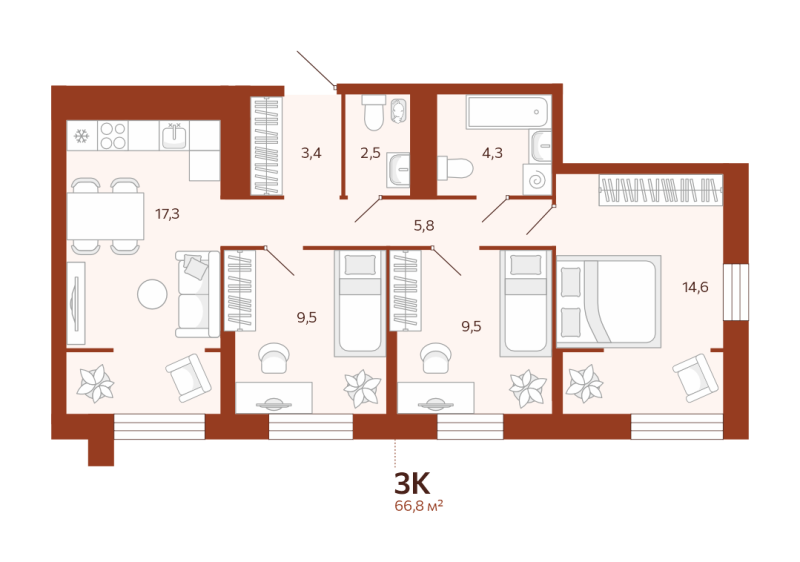 Планировка 3-комн. квартира, 66.8 м² — ЖК «Новатор»