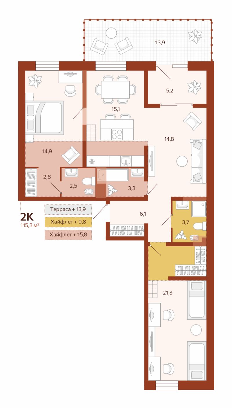 Планировка 2-комн. квартира, 89.7 м² — ЖК «Новатор»