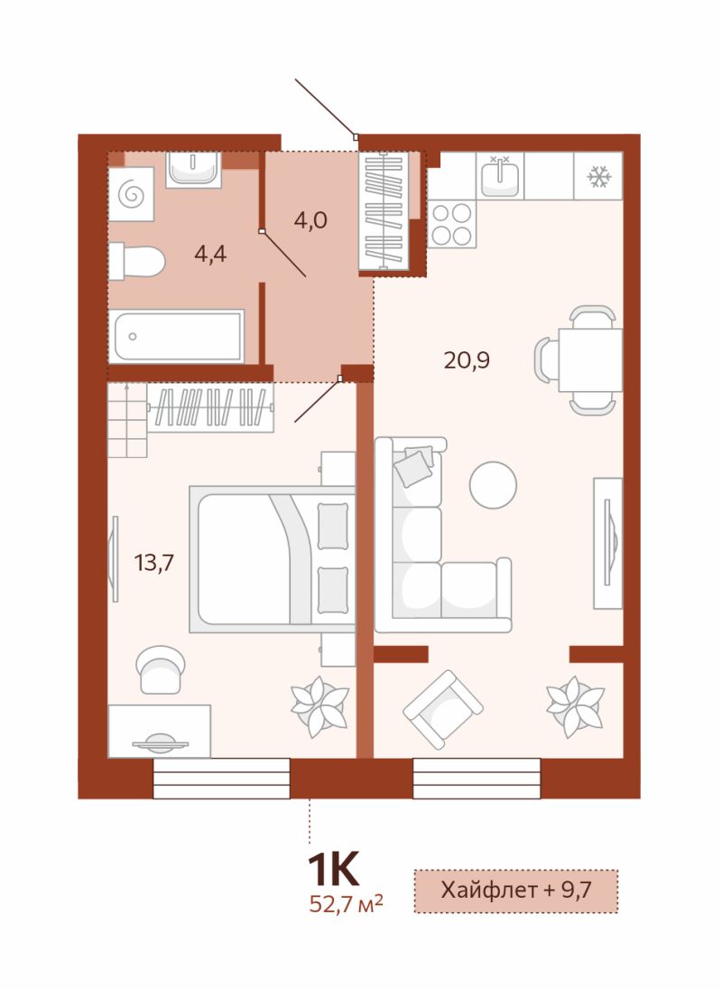Планировка 1-комн. квартира, 43 м² — ЖК «Новатор»