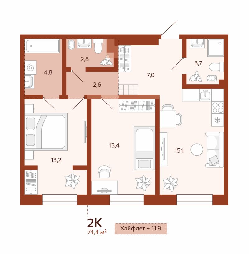 Планировка 2-комн. квартира, 62.5 м² — ЖК «Новатор»