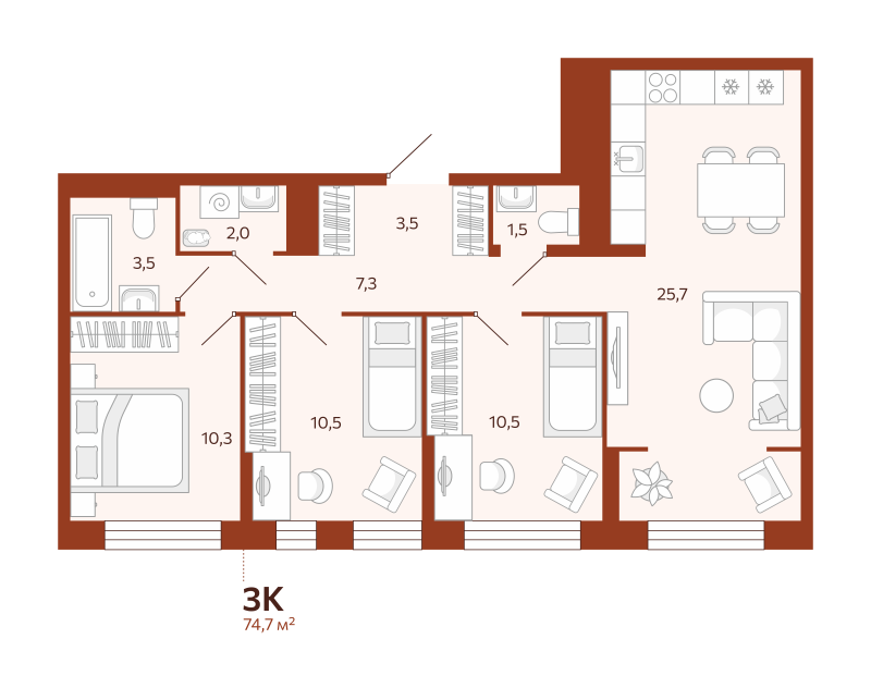 Планировка 3-комн. квартира, 74.7 м² — ЖК «Новатор»