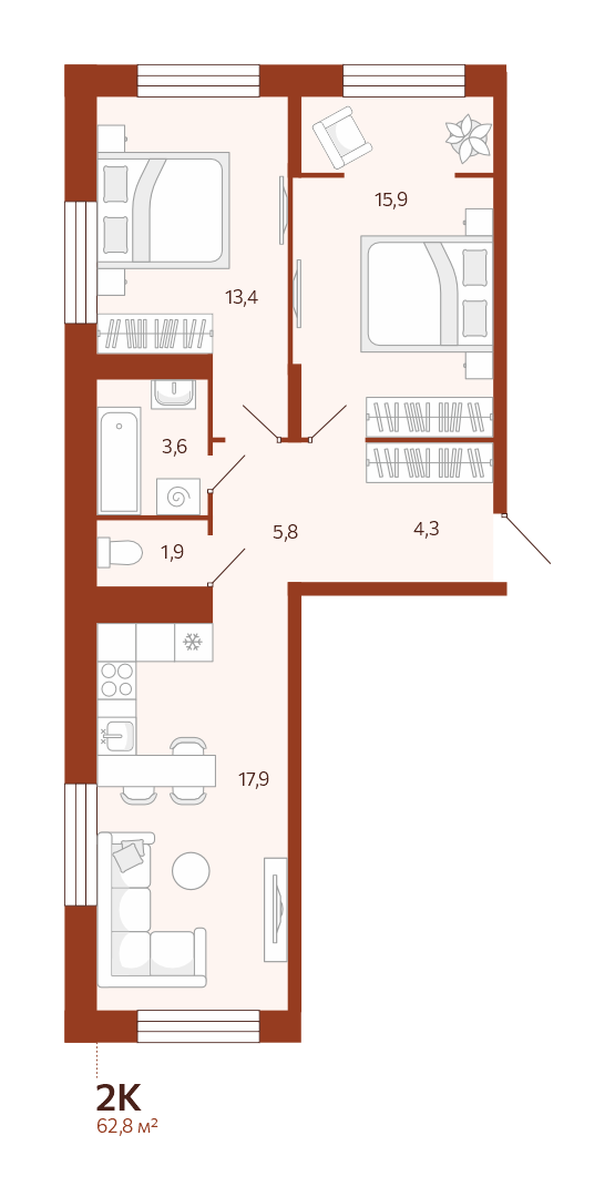 Планировка 2-комн. квартира, 62.8 м² — ЖК «Новатор»