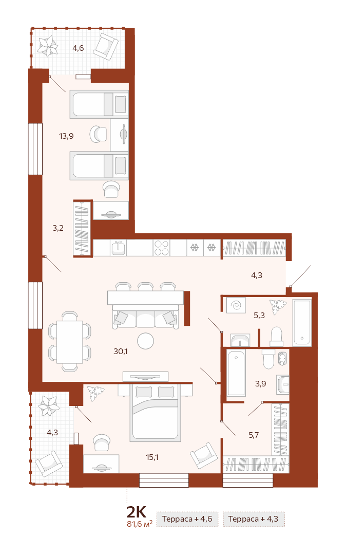 Планировка 2-комн. квартира, 81.6 м² — ЖК «Новатор»