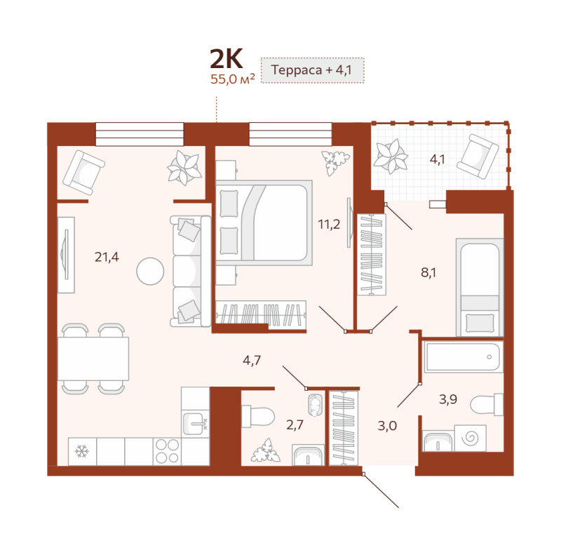 Планировка 2-комн. квартира, 55 м² — ЖК «Новатор»