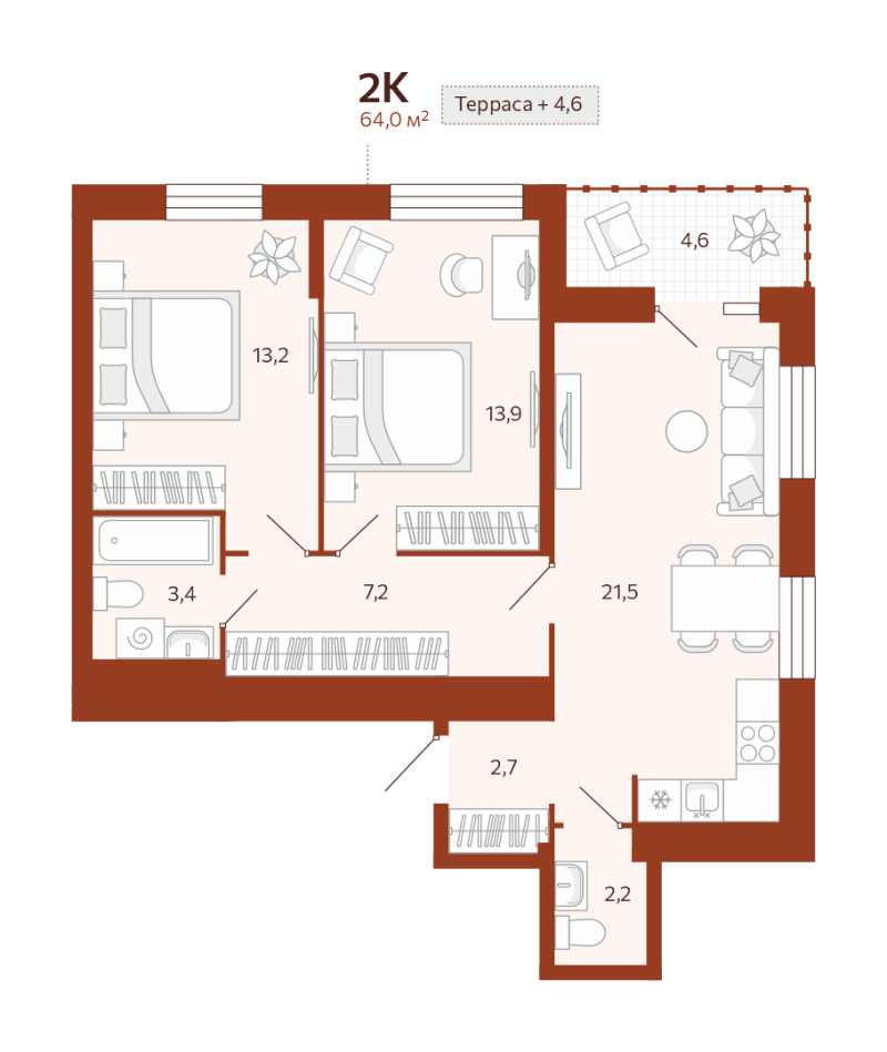 Планировка 2-комн. квартира, 64 м² — ЖК «Новатор»