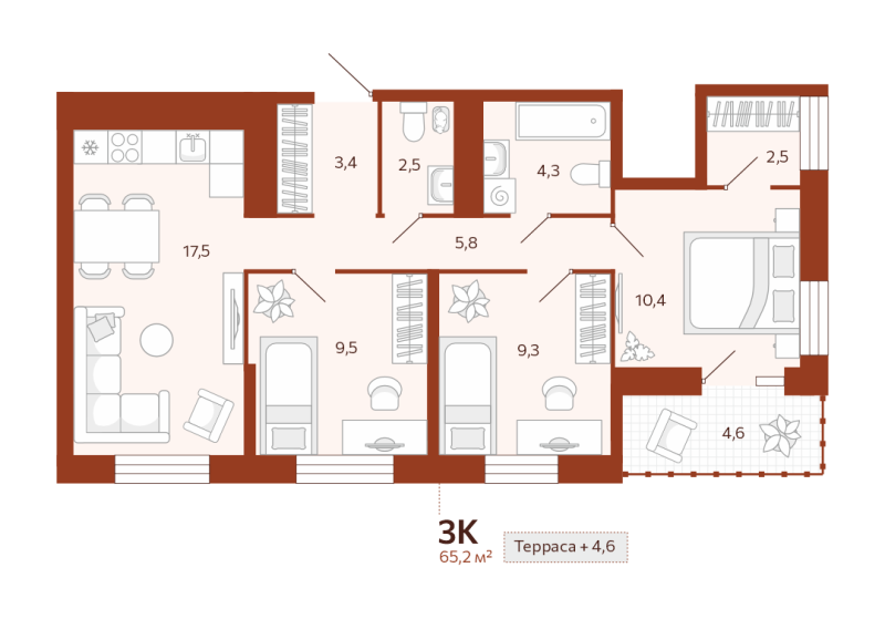 Планировка 3-комн. квартира, 65.2 м² — ЖК «Новатор»