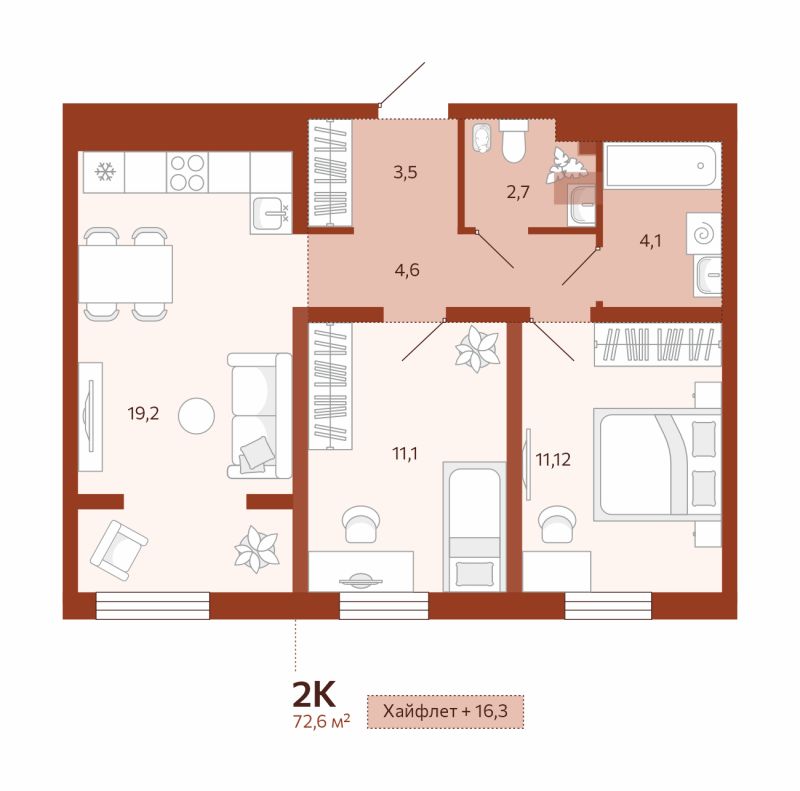 Планировка 2-комн. квартира, 56.2 м² — ЖК «Новатор»