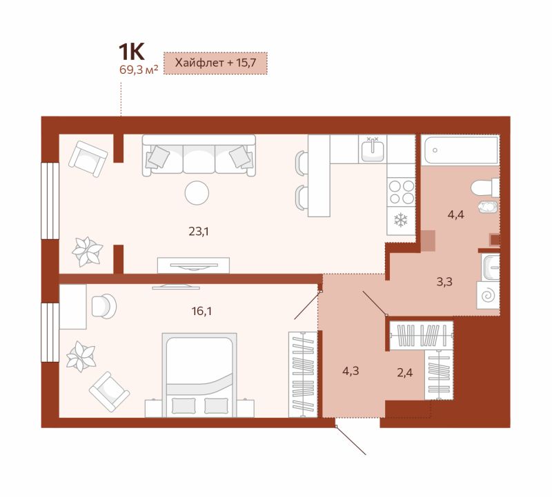 Планировка 1-комн. квартира, 53.6 м² — ЖК «Новатор»
