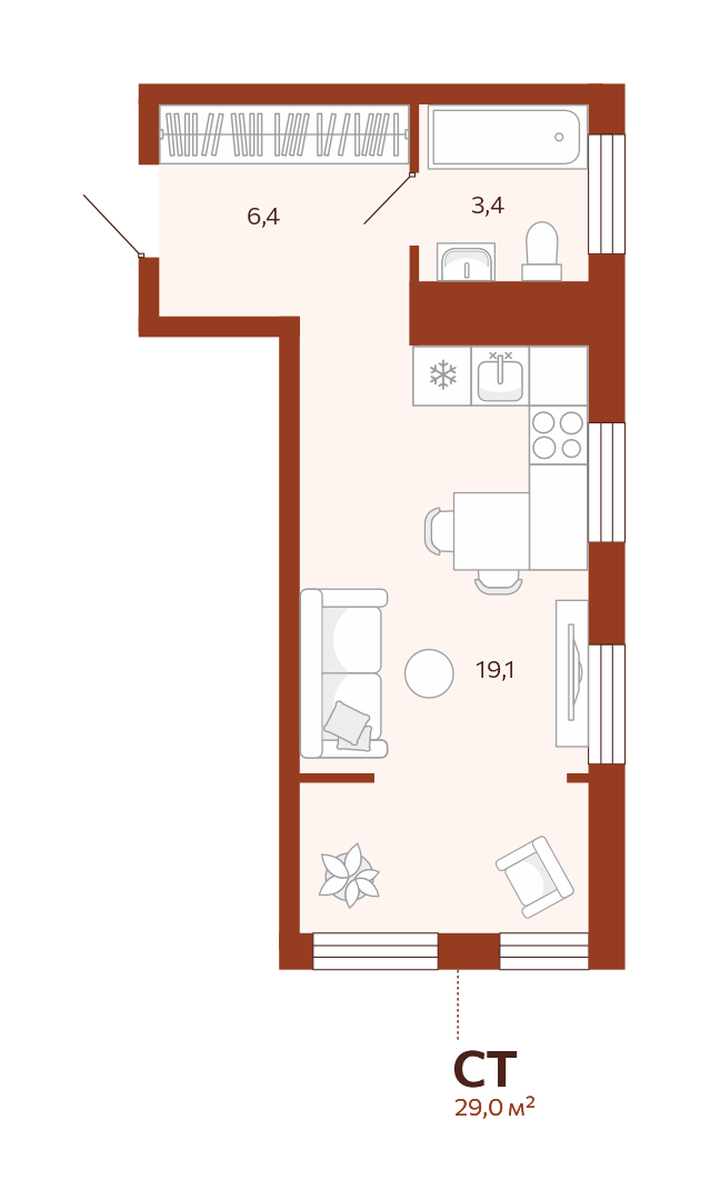 Планировка Студия, 28.9 м² — ЖК «Новатор»