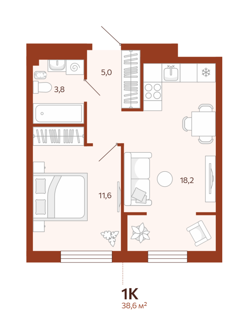 Планировка 1-комн. квартира, 38.6 м² — ЖК «Новатор»