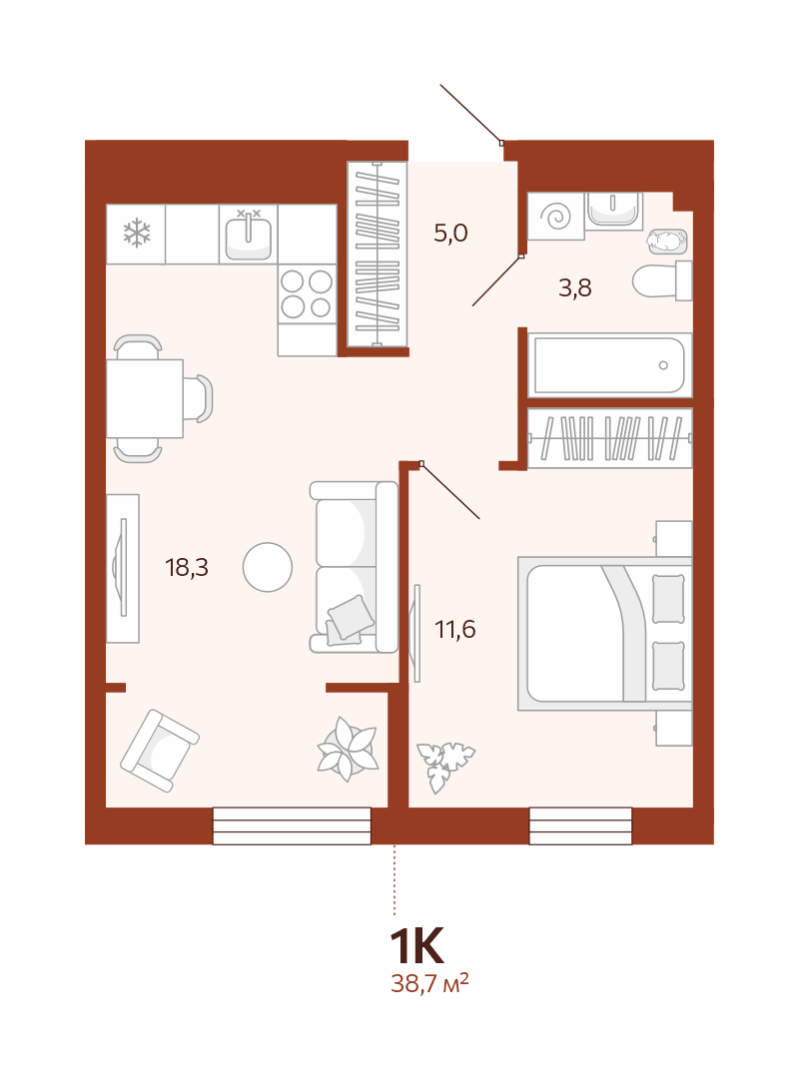 Планировка 1-комн. квартира, 38.6 м² — ЖК «Новатор»