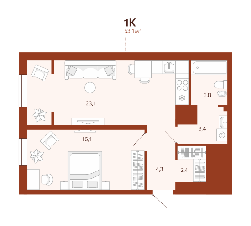 Планировка 1-комн. квартира, 53.1 м² — ЖК «Новатор»