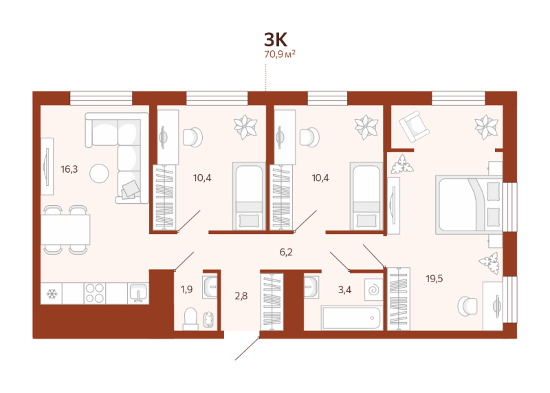 Планировка 3-комн. квартира, 70.8 м² — ЖК «Новатор»