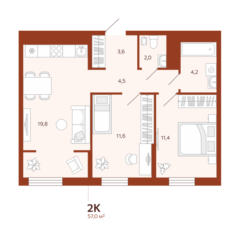 Планировка 2-комн. квартира, 57 м² — ЖК «Новатор»