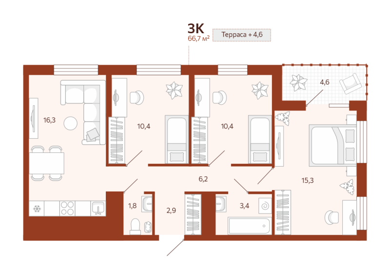 Планировка 3-комн. квартира, 66.7 м² — ЖК «Новатор»