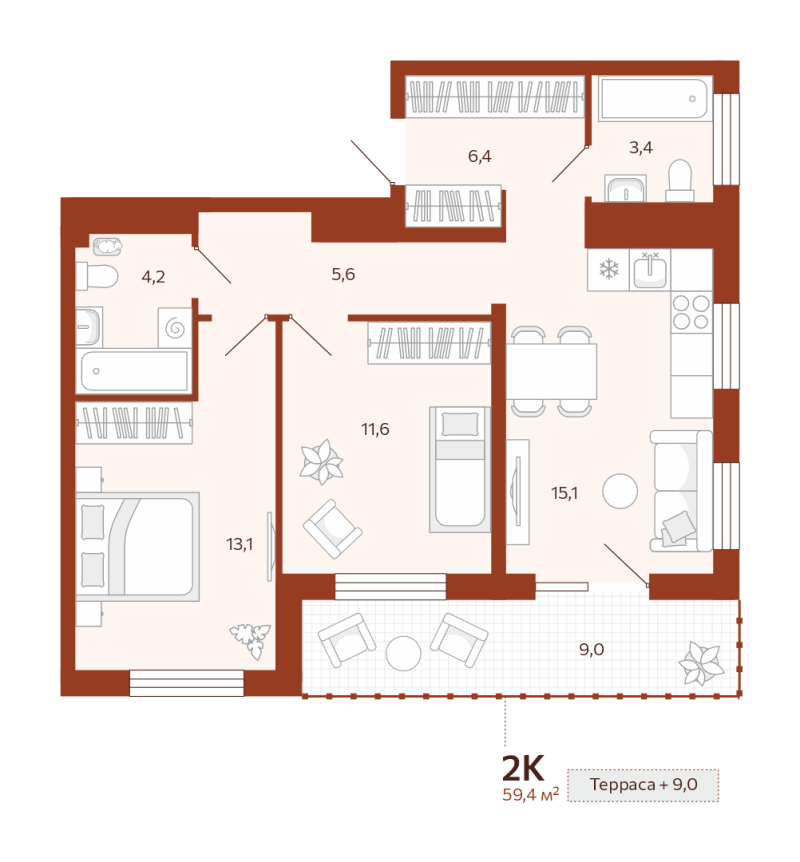Планировка 2-комн. квартира, 59.4 м² — ЖК «Новатор»