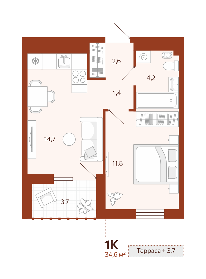 Планировка 1-комн. квартира, 34.6 м² — ЖК «Новатор»
