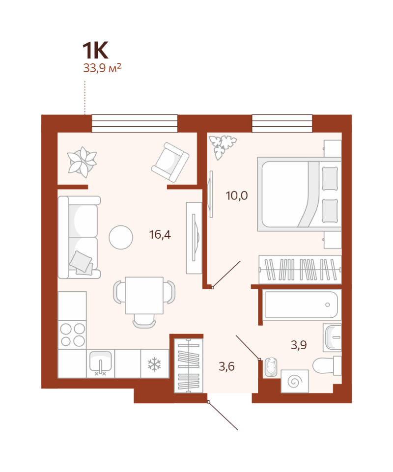 Планировка 1-комн. квартира, 33.9 м² — ЖК «Новатор»