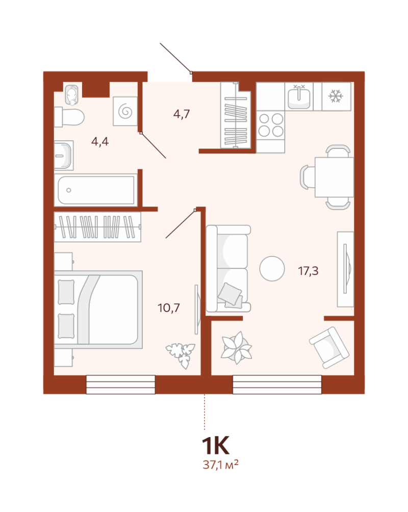 Планировка 1-комн. квартира, 37 м² — ЖК «Новатор»