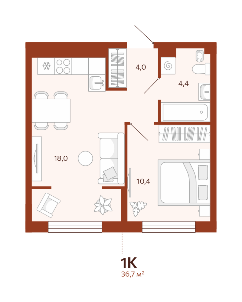 Планировка 1-комн. квартира, 36.7 м² — ЖК «Новатор»