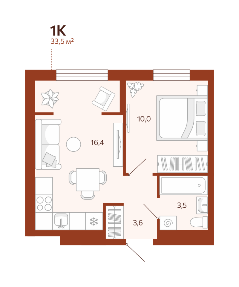 Планировка 1-комн. квартира, 33.5 м² — ЖК «Новатор»