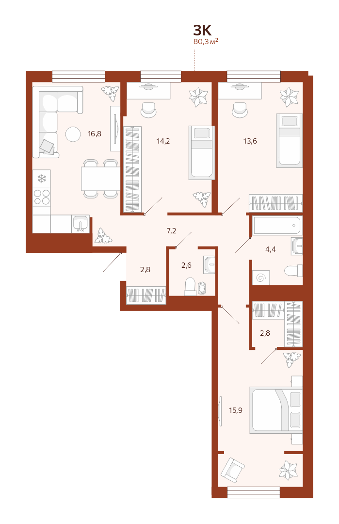 Планировка 3-комн. квартира, 80.3 м² — ЖК «Новатор»