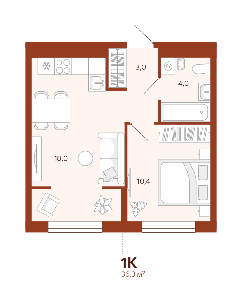 Планировка 1-комн. квартира, 36.3 м² — ЖК «Новатор»