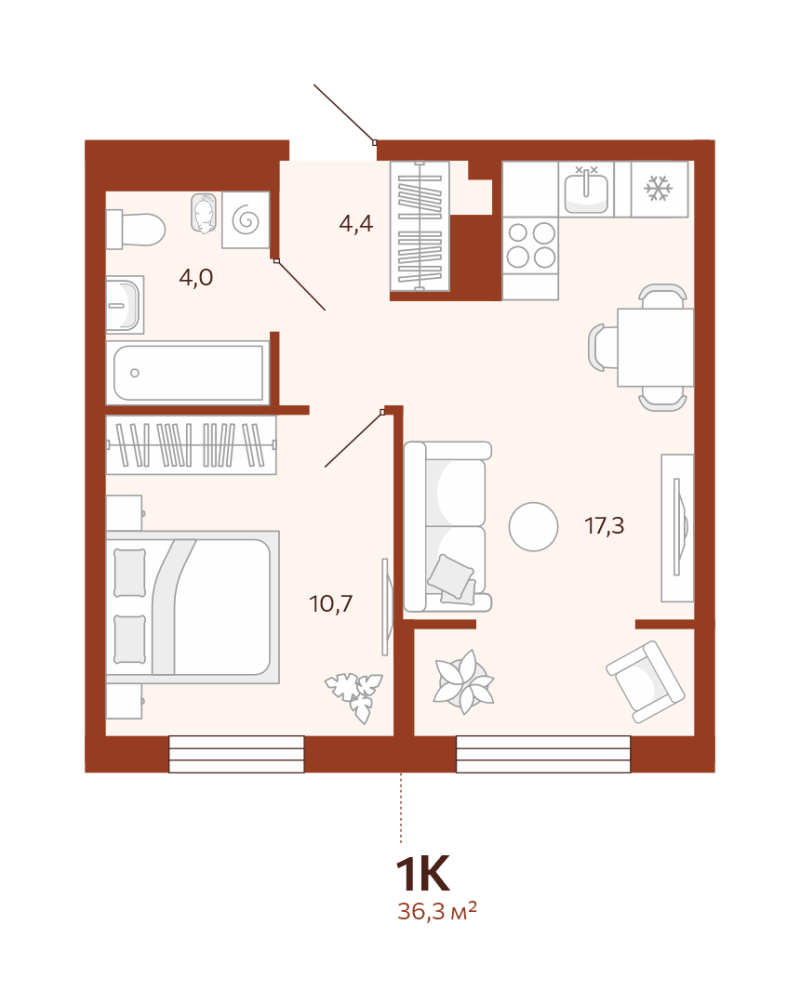 Планировка 1-комн. квартира, 36.3 м² — ЖК «Новатор»