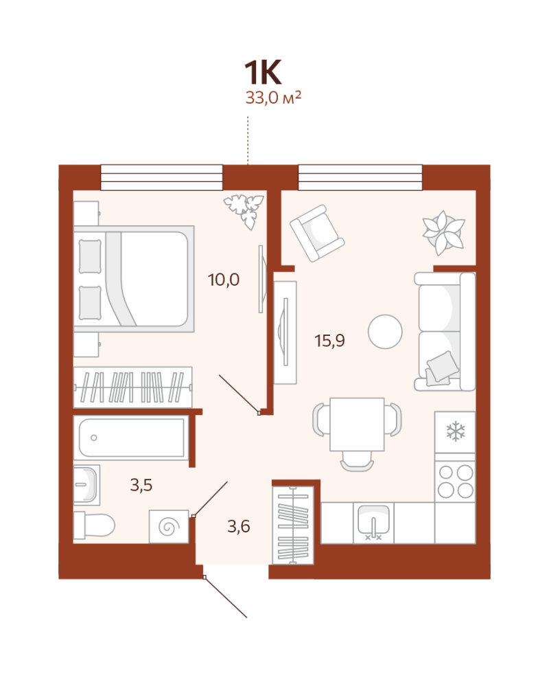 Планировка 1-комн. квартира, 33 м² — ЖК «Новатор»