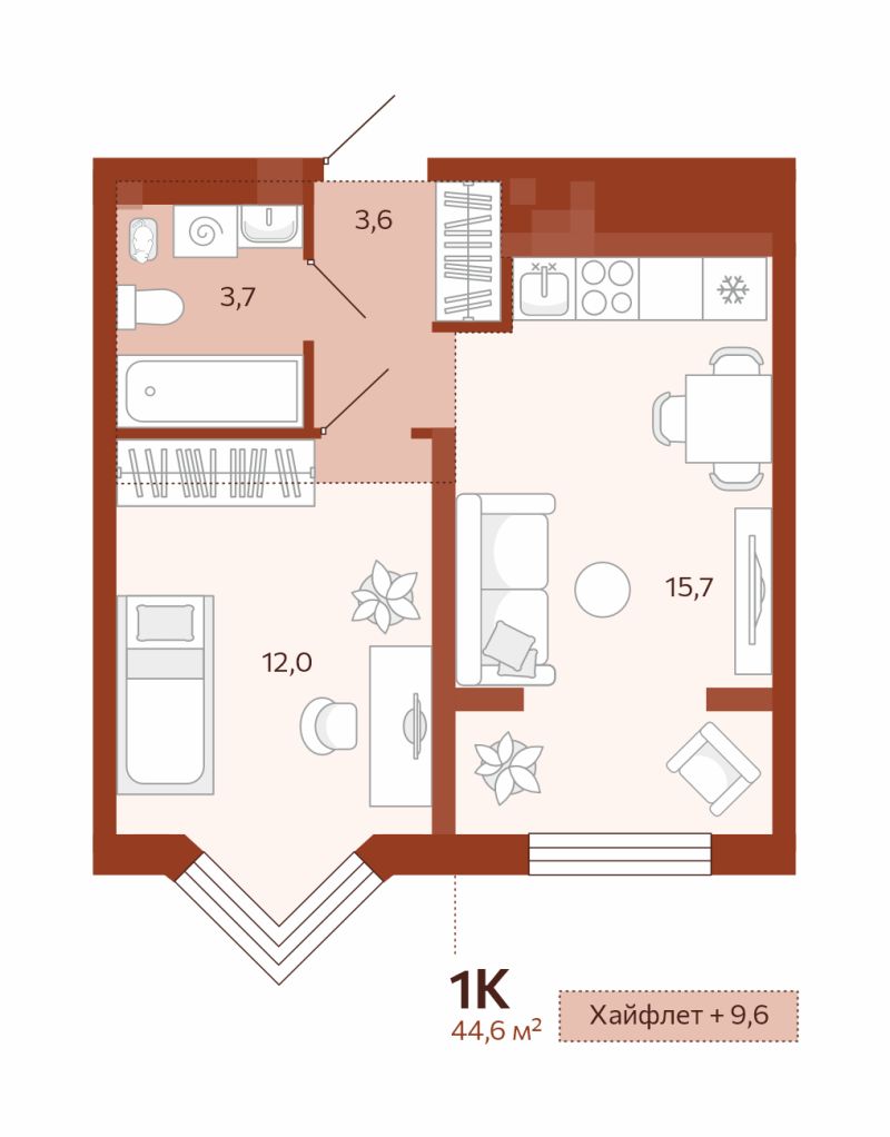 Планировка 1-комн. квартира, 35 м² — ЖК «Новатор»
