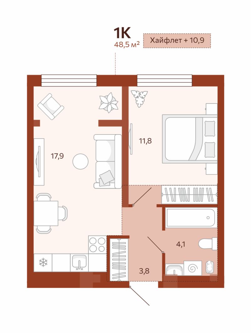 Планировка 1-комн. квартира, 37.6 м² — ЖК «Новатор»