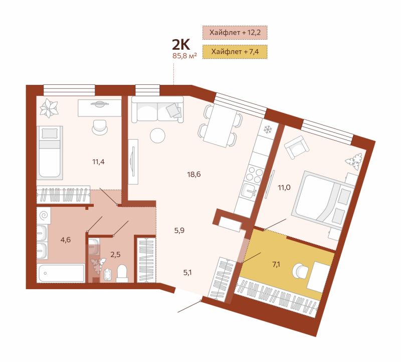 Планировка 2-комн. квартира, 66.2 м² — ЖК «Новатор»