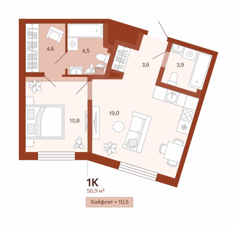 Планировка 1-комн. квартира, 46.4 м² — ЖК «Новатор»