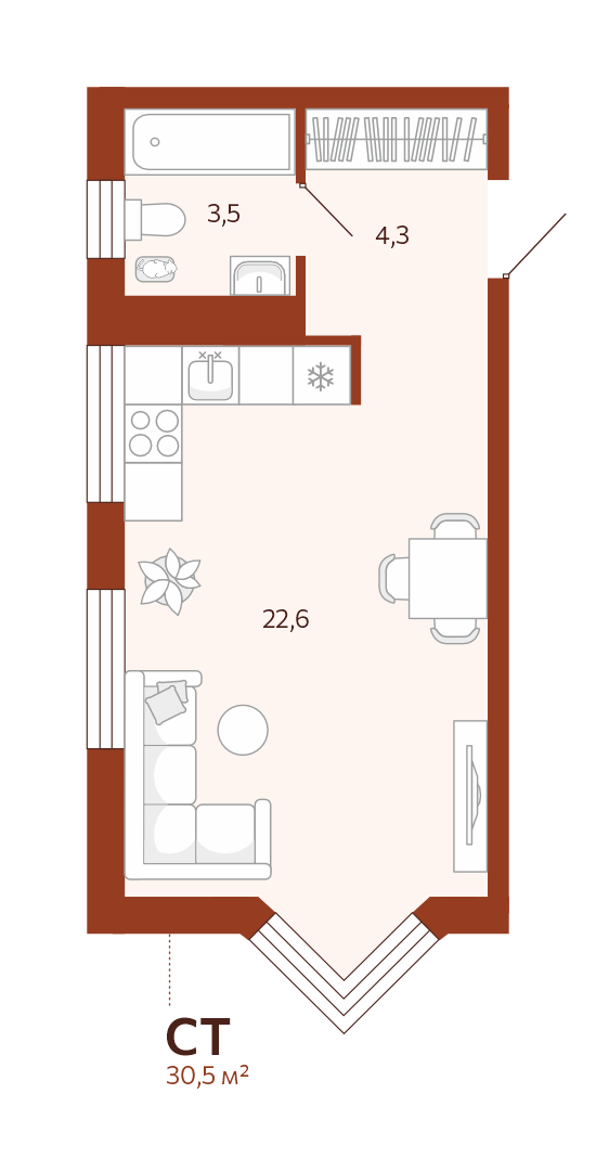 Планировка Студия, 30.4 м² — ЖК «Новатор»