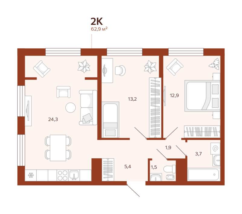 Планировка 2-комн. квартира, 62.9 м² — ЖК «Новатор»