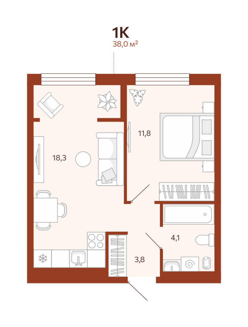 Планировка 1-комн. квартира, 38 м² — ЖК «Новатор»