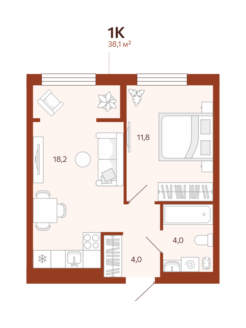 Планировка 1-комн. квартира, 38 м² — ЖК «Новатор»