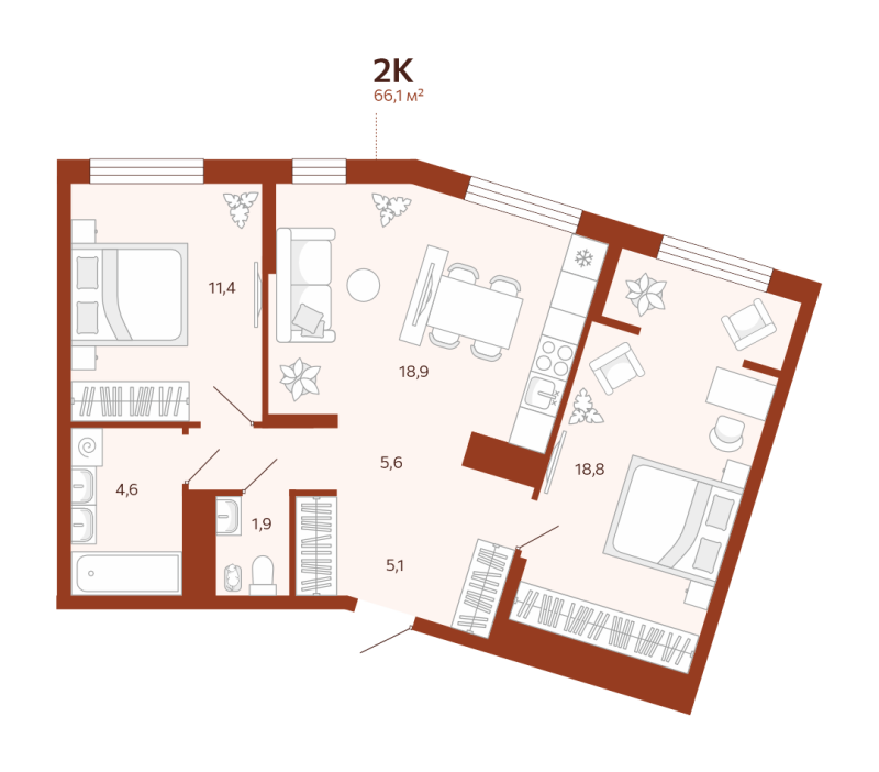 Планировка 2-комн. квартира, 66.1 м² — ЖК «Новатор»