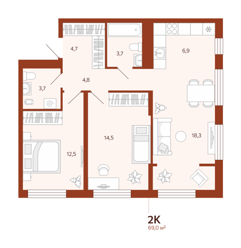 Планировка 2-комн. квартира, 69 м² — ЖК «Новатор»