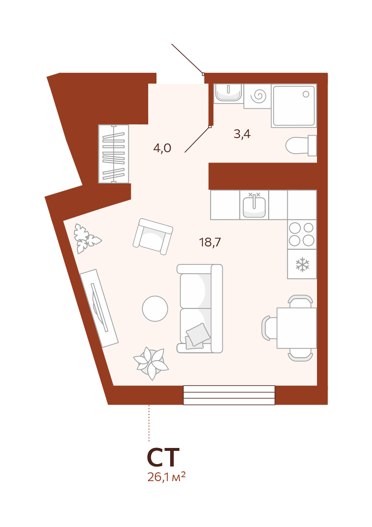 Планировка Студия, 26.1 м² — ЖК «Новатор»