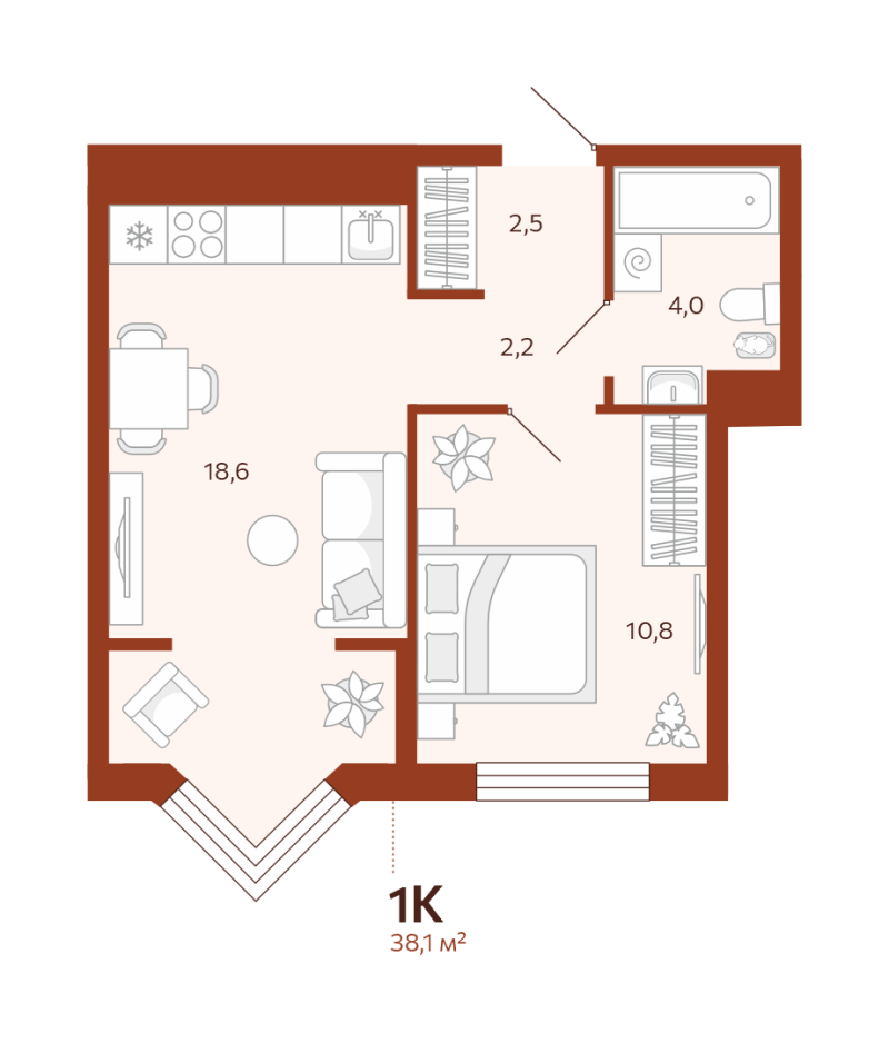Планировка 1-комн. квартира, 38.1 м² — ЖК «Новатор»