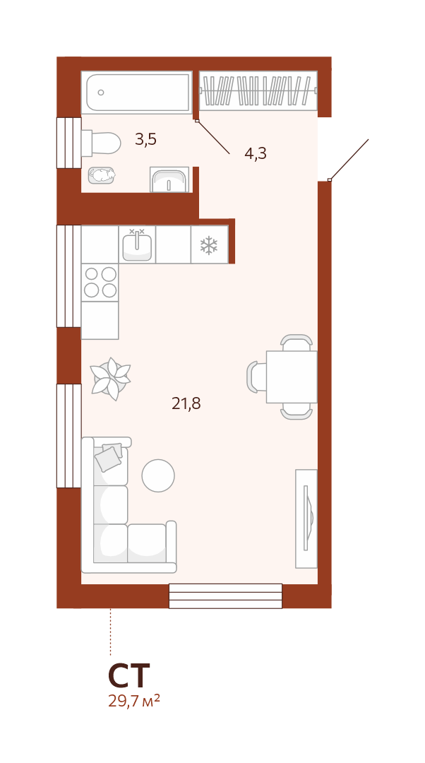 Планировка Студия, 29.6 м² — ЖК «Новатор»