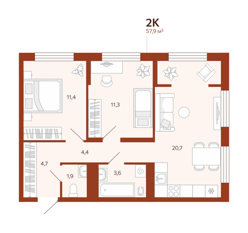 Планировка 2-комн. квартира, 57.9 м² — ЖК «Новатор»
