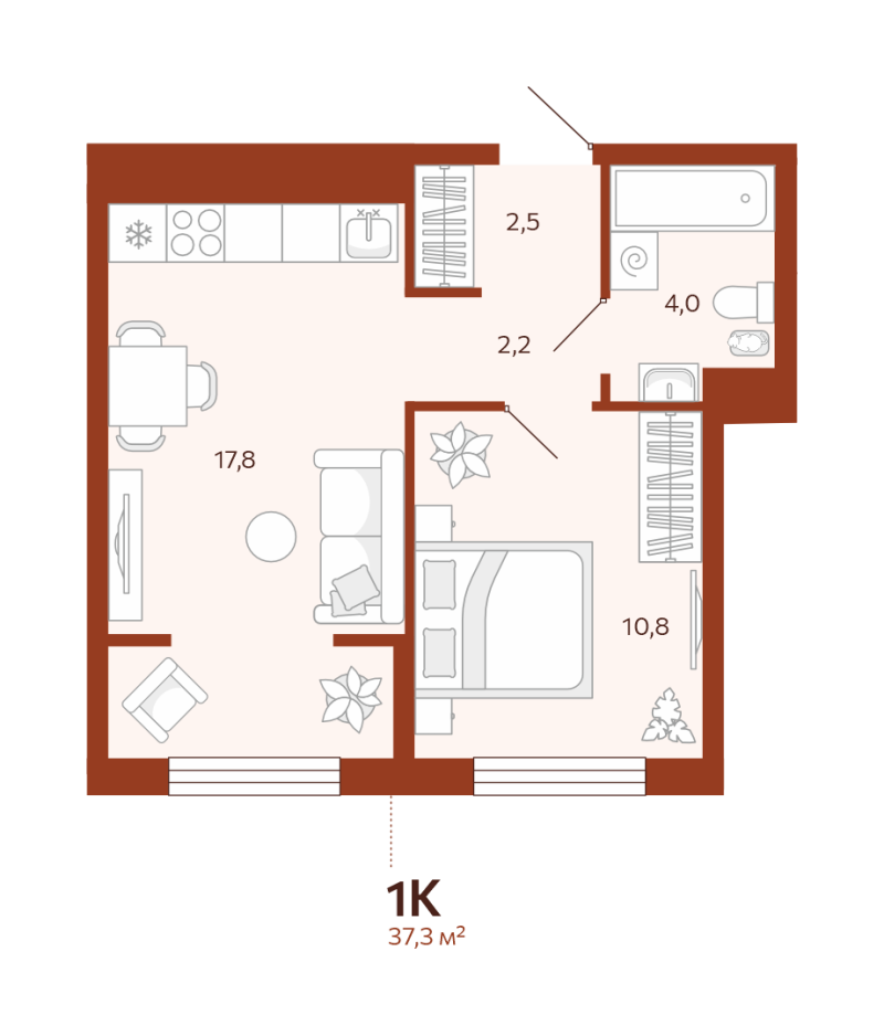 Планировка 1-комн. квартира, 37.3 м² — ЖК «Новатор»