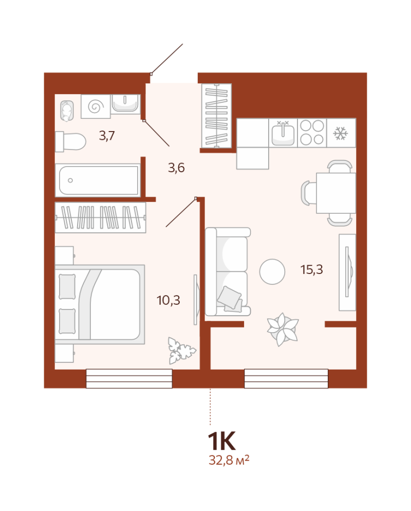 Планировка 1-комн. квартира, 32.8 м² — ЖК «Новатор»
