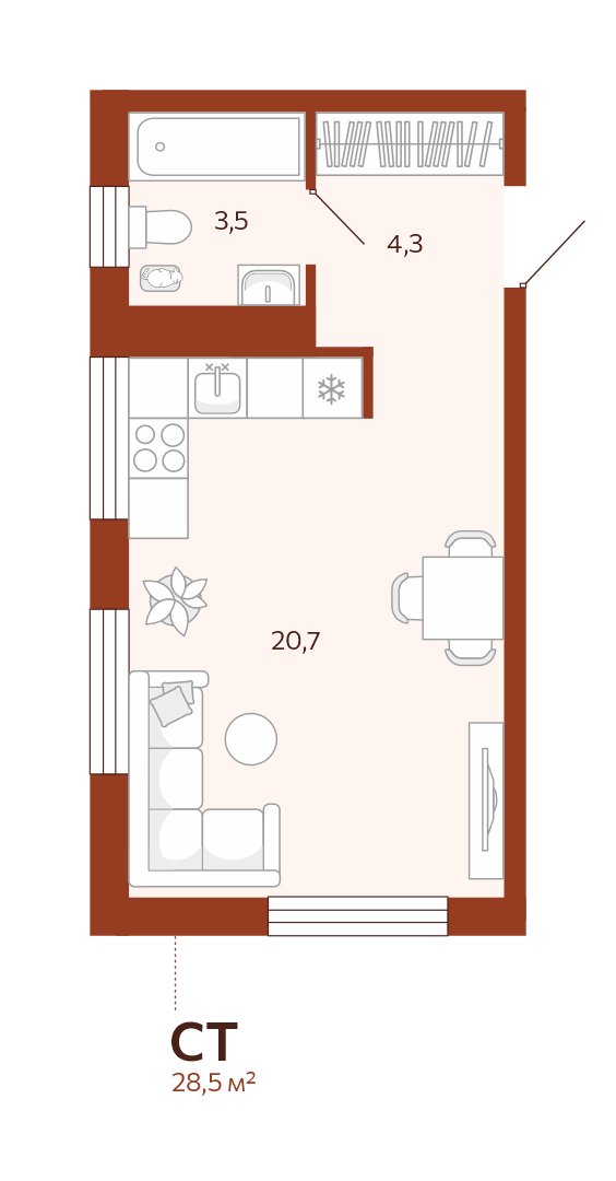 Планировка Студия, 28.5 м² — ЖК «Новатор»