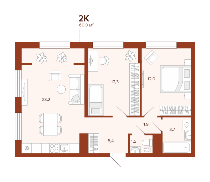 Планировка 2-комн. квартира, 60 м² — ЖК «Новатор»