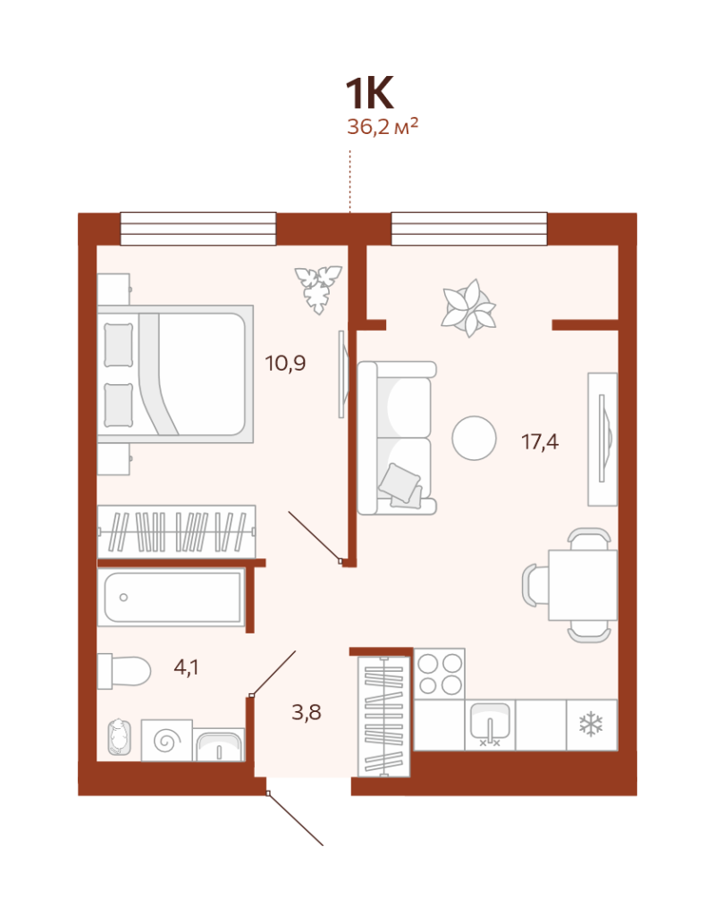 Планировка 1-комн. квартира, 36.2 м² — ЖК «Новатор»