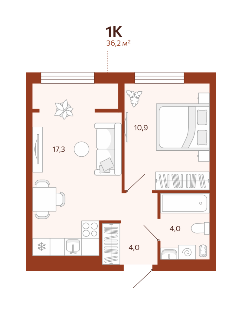 Планировка 1-комн. квартира, 36.3 м² — ЖК «Новатор»