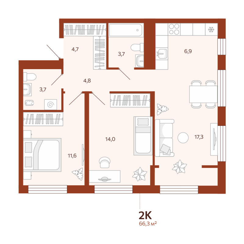 Планировка 2-комн. квартира, 66.3 м² — ЖК «Новатор»